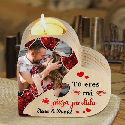 Candelero de madera para pareja con foto sin vela personalizado con 2 nombres-Jessemade ES