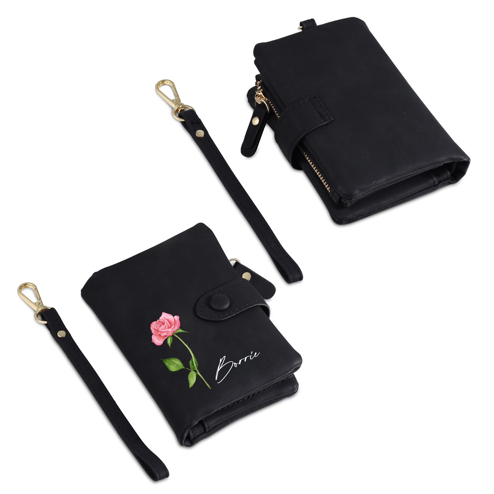 Cartera, billetera con 1 nombre y 1 flor de nacimiento personalizados monedero clásico para mujer
