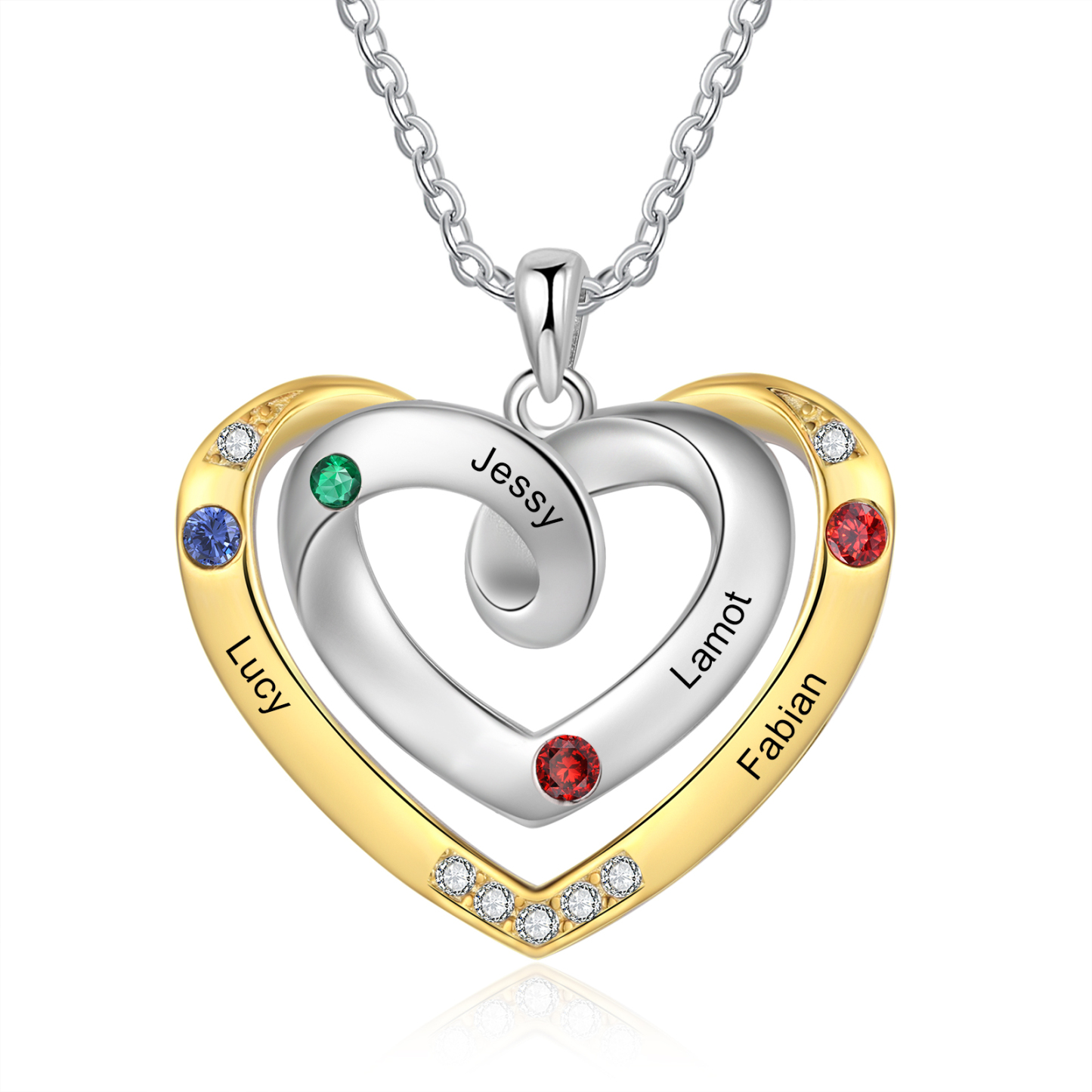 Collar de corazón con 4 nombres y piedras de nacimiento personalizados-Jessemade ES