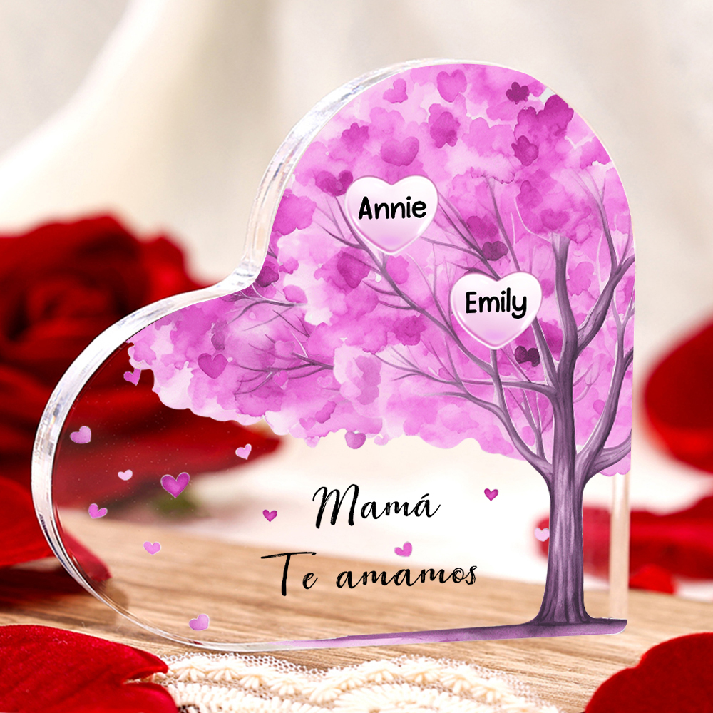 A mi mamá/abuela-Placa de acrílico "Árbol" en forma de corazón 2 nombres y 1 texto personalizados-Jessemade ES