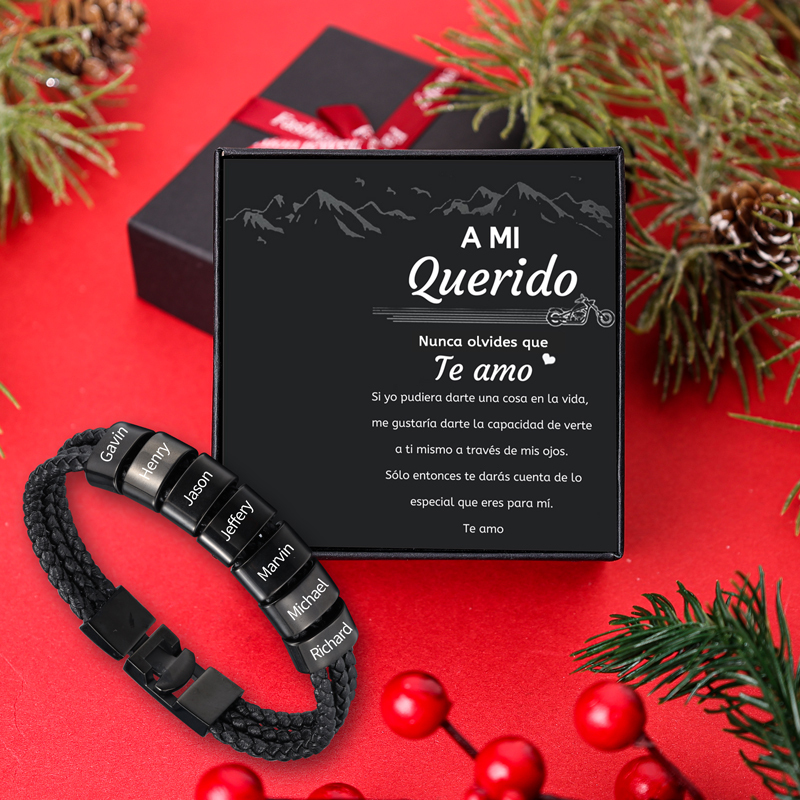 A mi querido-Pulsera de cuero trenzado Pulsera de hombre con 7 aros personalizados con 7 nombres-Jessemade ES