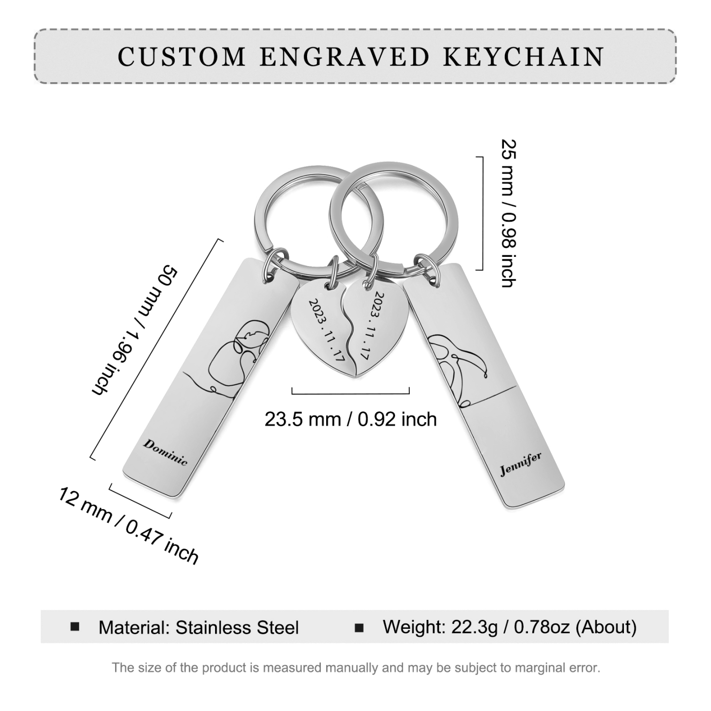 Llavero para pareja siluetas 2 nombres personalizados con fecha dije de medio corazón-Jessemade ES
