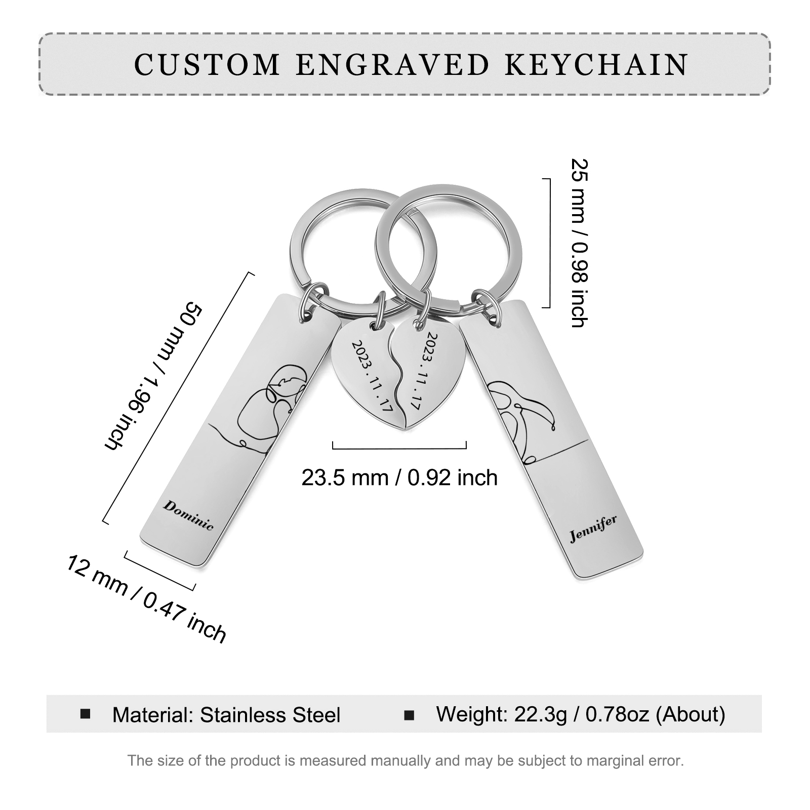 Llavero para pareja siluetas 2 nombres personalizados con fecha dije de medio corazón-Jessemade ES