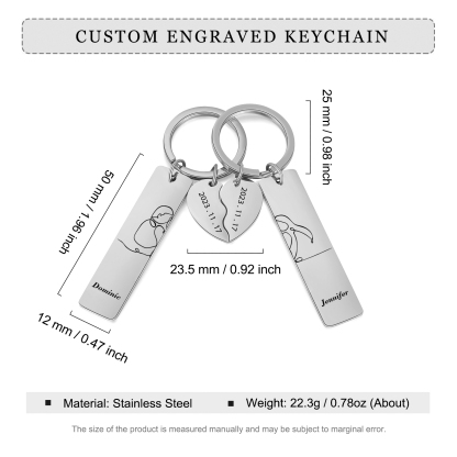 Llavero para pareja siluetas 2 nombres personalizados con fecha dije de medio corazón-Jessemade ES