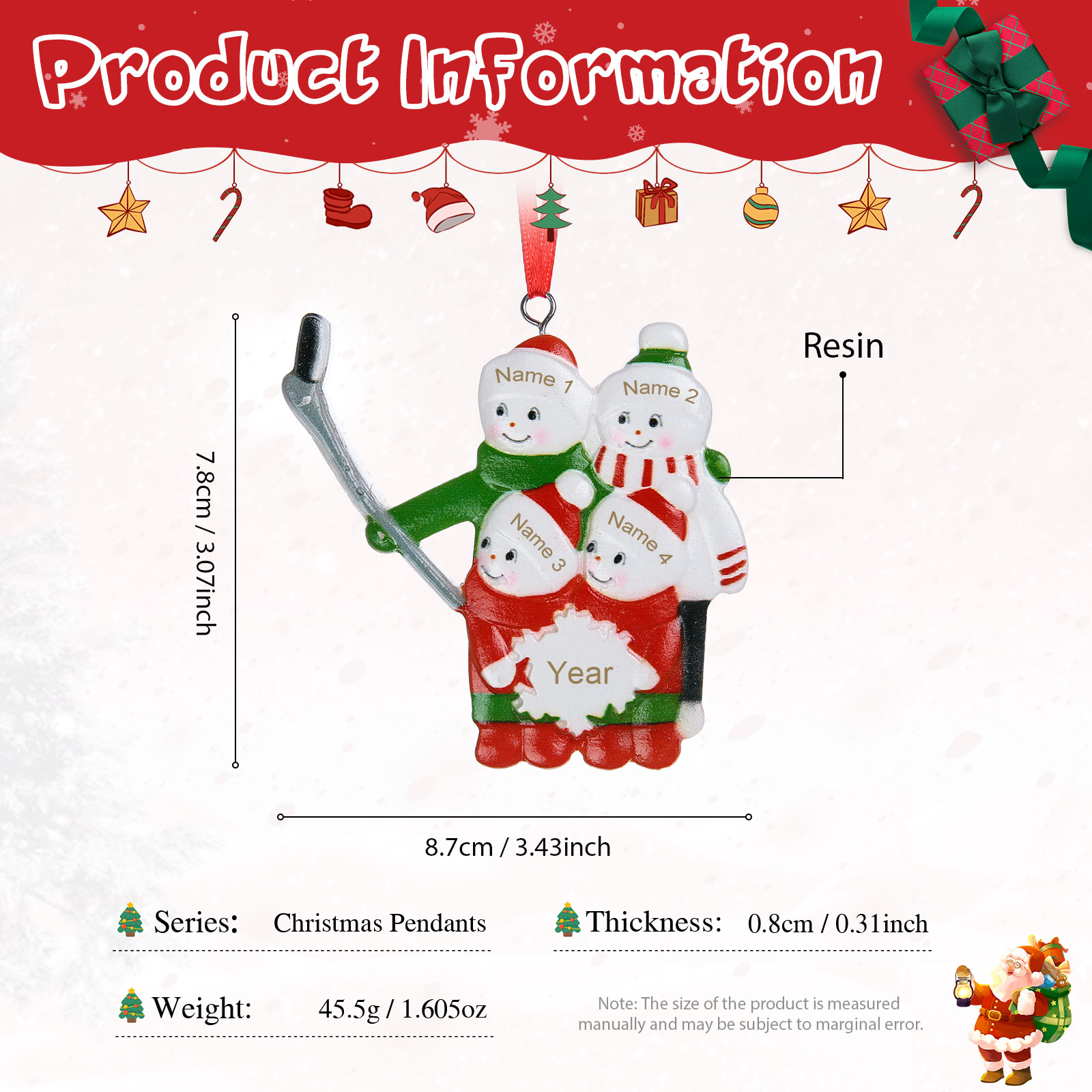Navidad-Ornamento muñecos navideño de resina Esquiar año y 4 nombres personalizados adorno del árbol