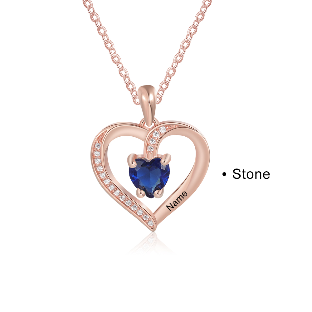 Collar para mujer de corazón con 1 nombre y 1 piedra de nacimiento personalizados | Jessemade