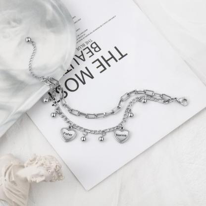 Pulsera de dobles cadenas con dije de corazón personalizada con 2 nombres-Jessemade ES