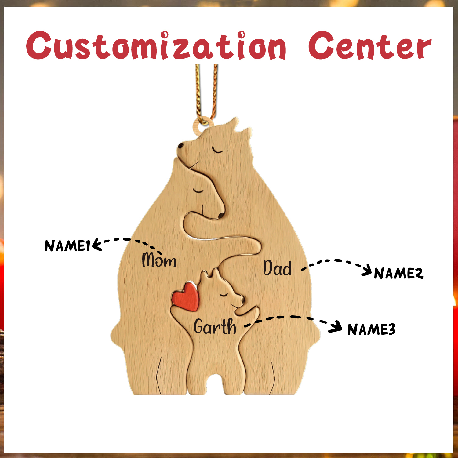 Navidad-Ornamento muñecos navideño de madera familia de canguros 3 nombres personalizados adorno del árbol-Jessemade ES