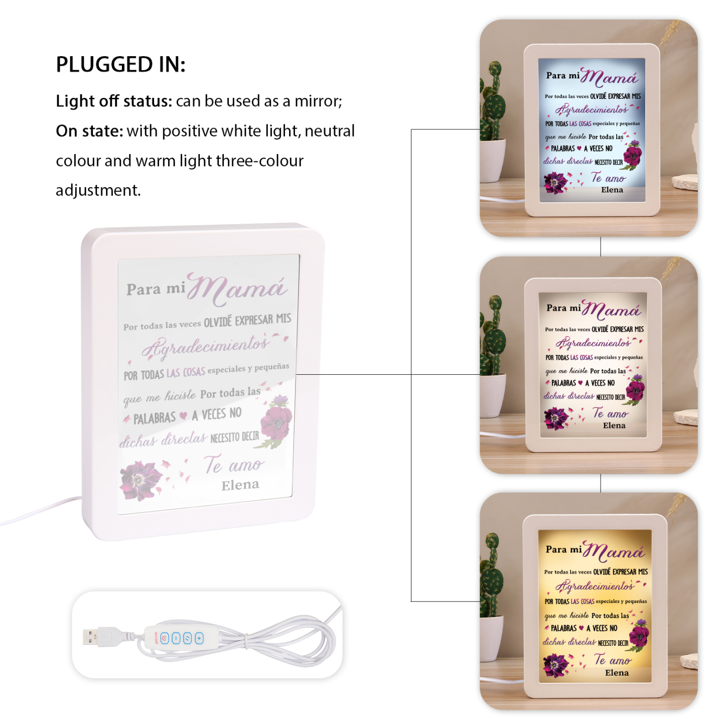 A mi mamá-Marco/Espejo con LED Multifuncional con Texto Amoroso 1 Nombre Personalizado-Jessemade ES