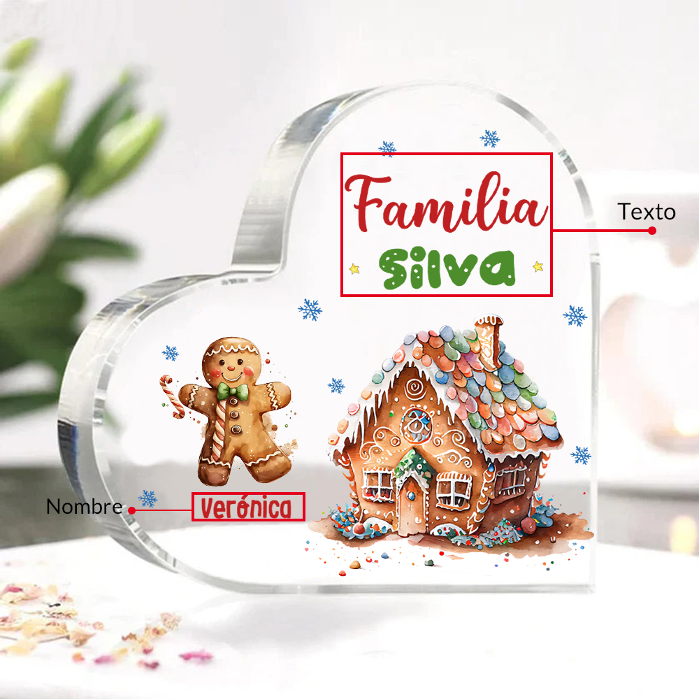 Navidad - Placa de acrílico en forma de corazón jengibres y su casa con 1 nombre y 1 texto personalizados-Jessemade ES