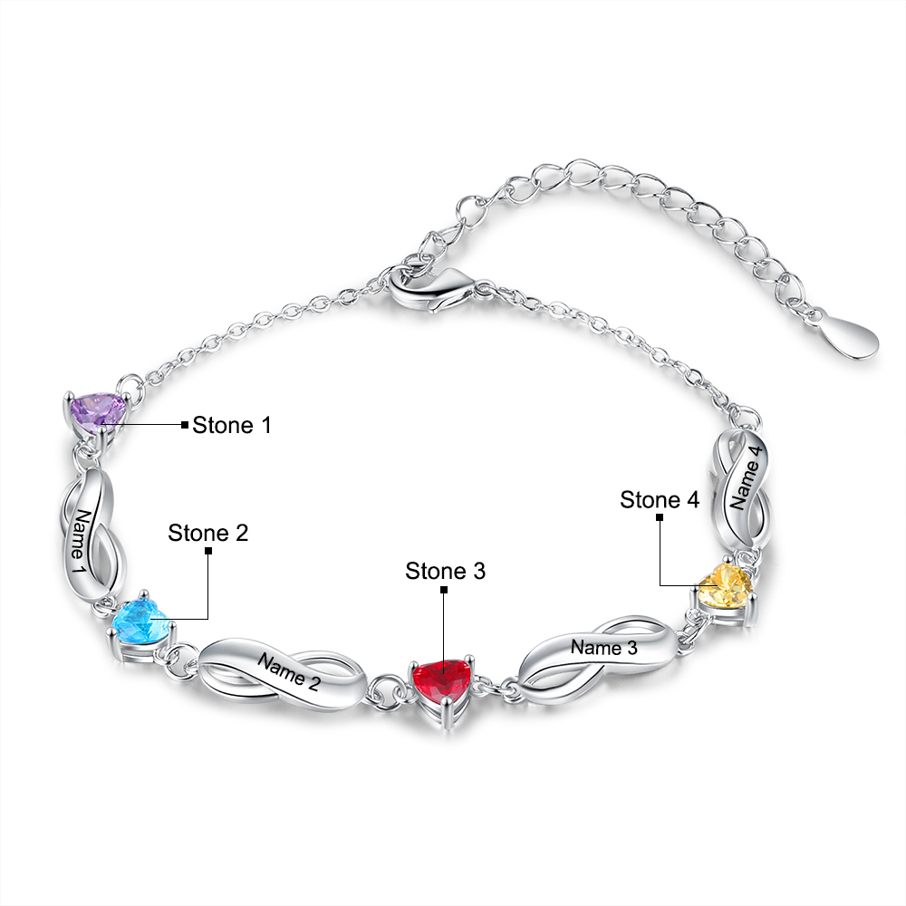 Pulsera "infinito" personalizada con 4 nombres y 4 piedras de nacimiento de corazón-Jessemade ES