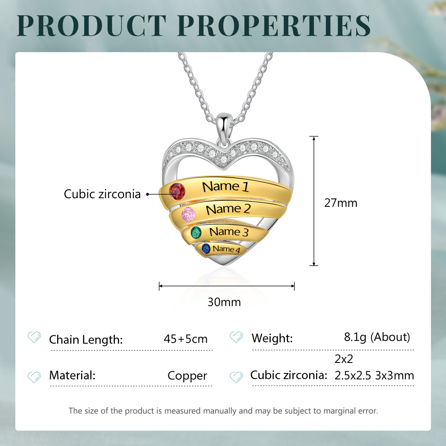 Collar de corazón con 4 nombres y piedras de nacimiento personalizados-Jessemade ES