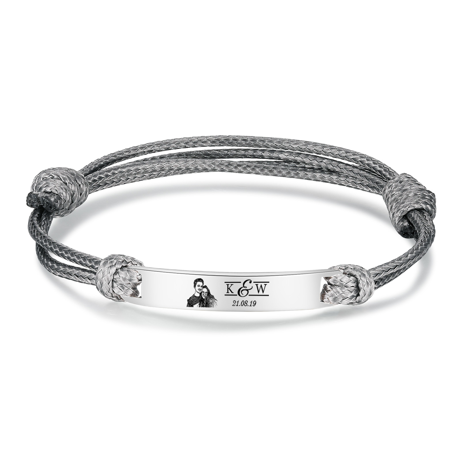 Pulseras de cuerda con placa personalizada con 2 letras, fecha y foto-Jessemade ES