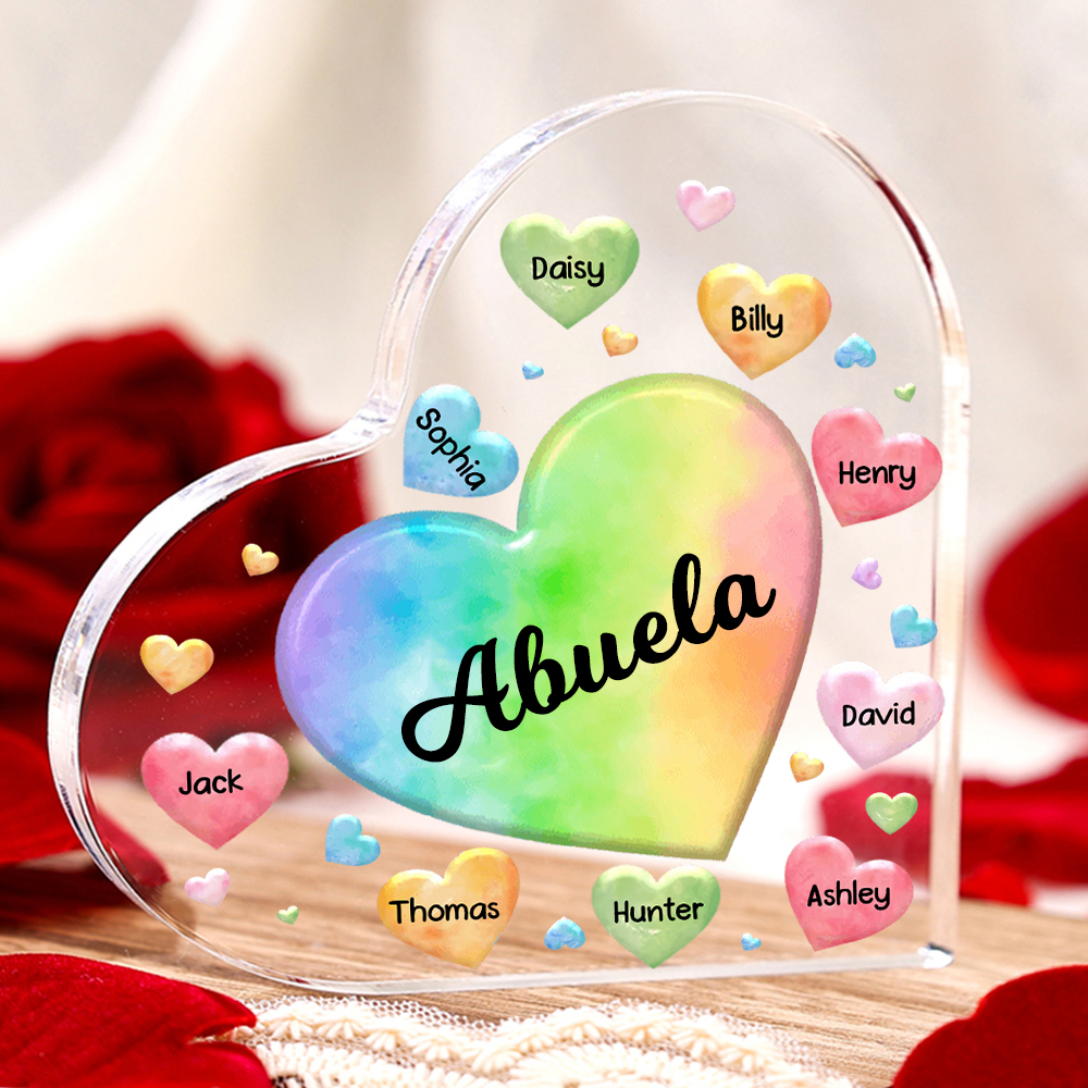 A mi mamá/abuela-Placa de acrílico "Corazones" en forma de corazón 9 nombres y 1 texto personalizados-Jessemade ES