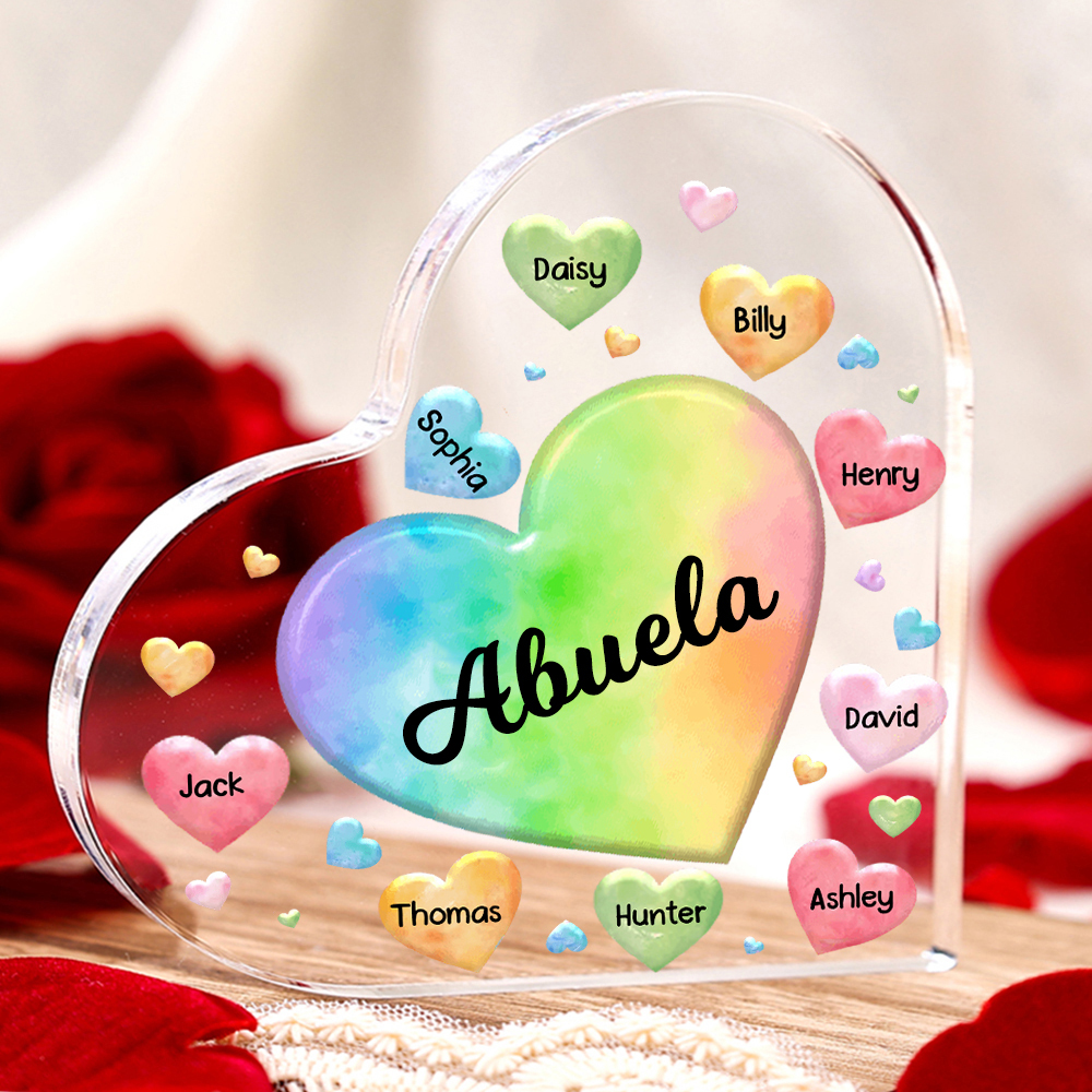 A mi mamá/abuela-Placa de acrílico "Corazones" en forma de corazón 9 nombres y 1 texto personalizados-Jessemade ES