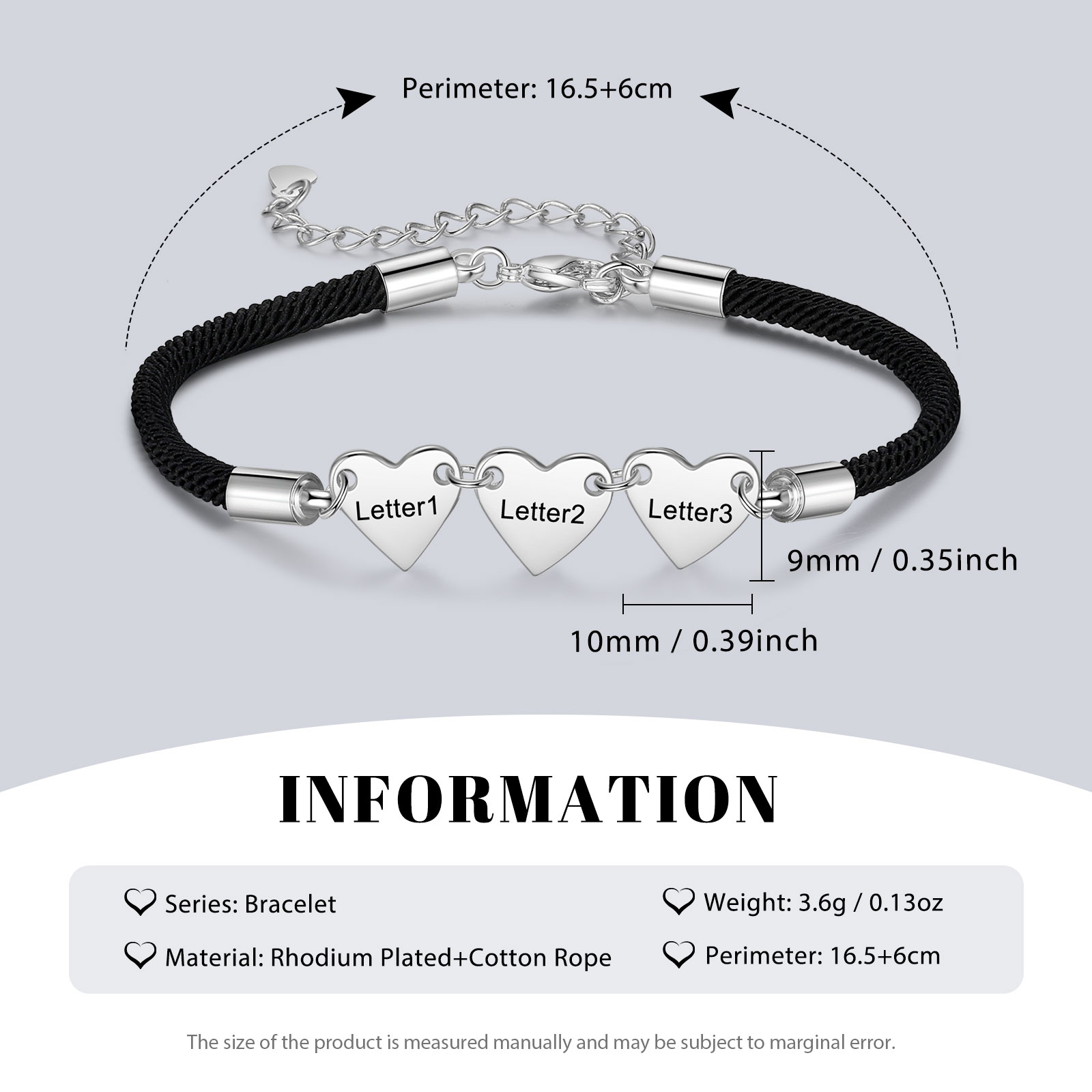 Pulsera de cuerda con dije de corazón 1-4 letras personalizadas-Jessemade ES