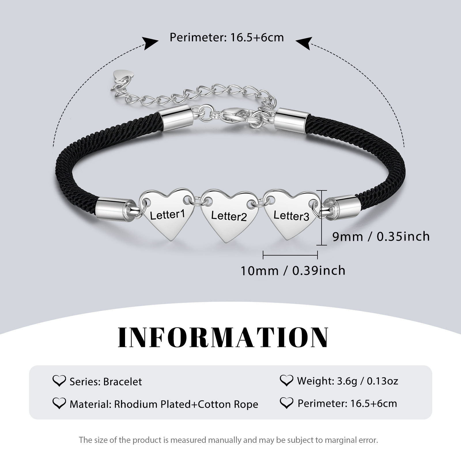 Pulsera de cuerda con dije de corazón 1-4 letras personalizadas-Jessemade ES