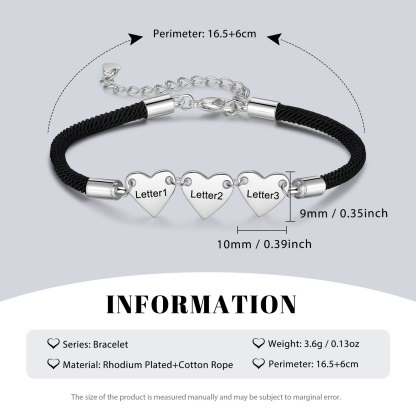 Pulsera de cuerda con dije de corazón 1-4 letras personalizadas-Jessemade ES