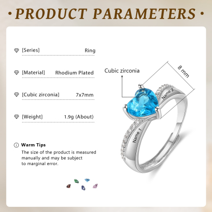 Anillo personalizado con 1 piedra de nacimiento y 2 nombres anillo ajustable-Jessemade ES