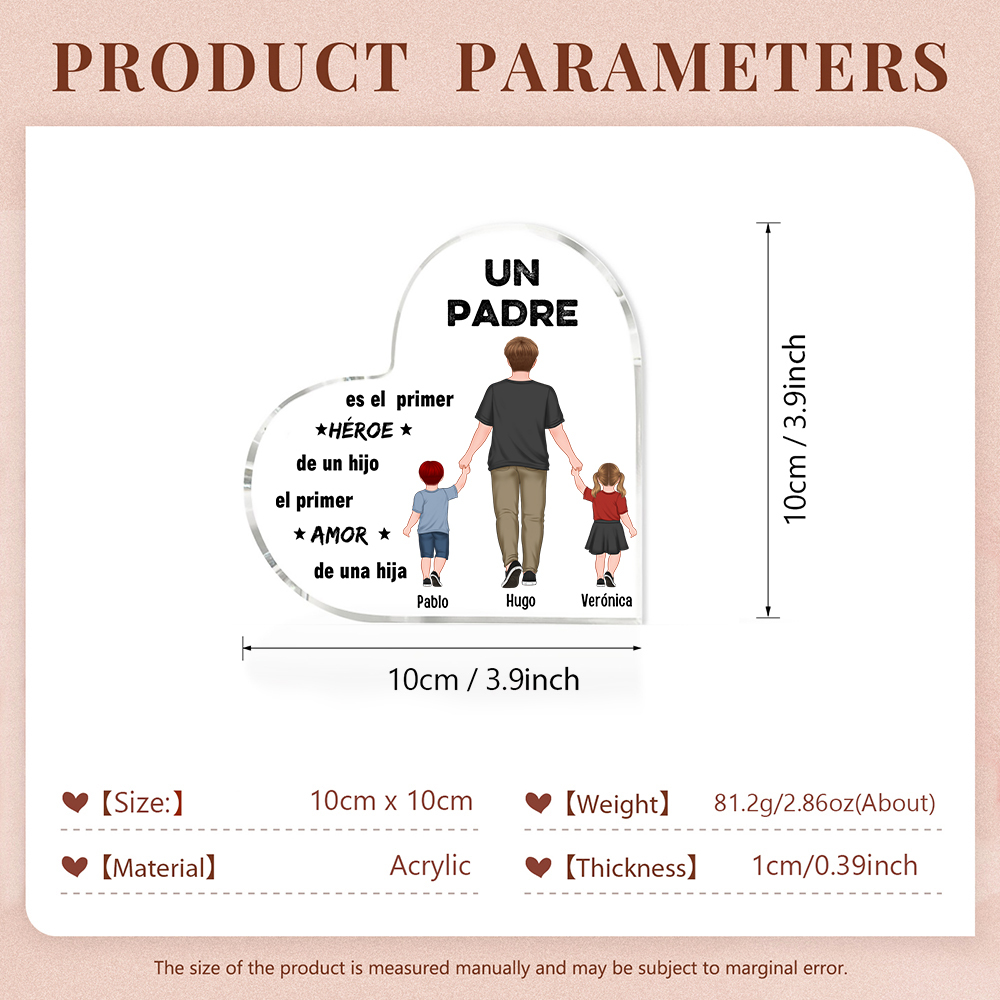 Placa de acrílico en forma de corazón papá e hijos con 3 nombres personalizados-Jessemade ES