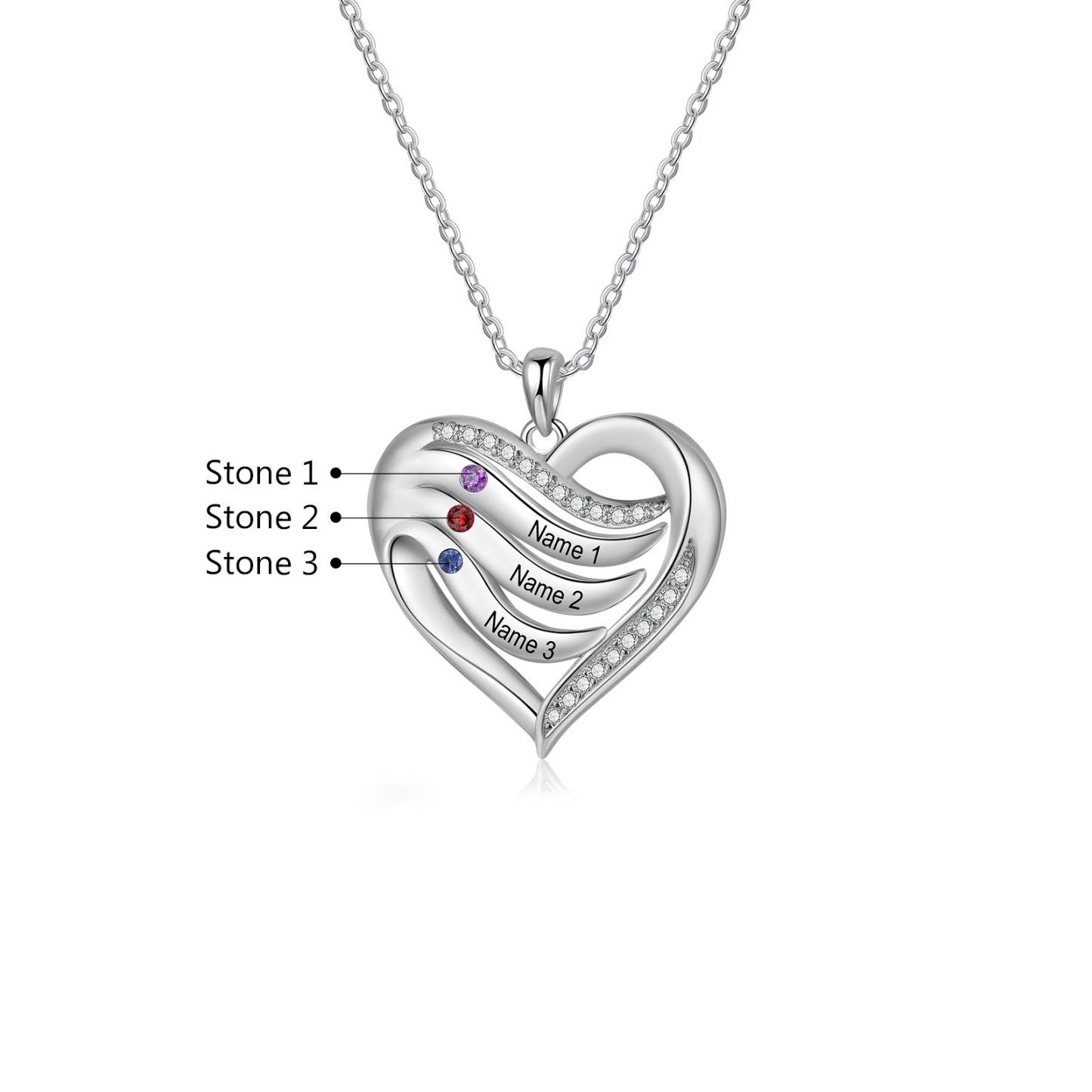 Collar de corazón de plata 925 con 3 nombres y piedras de nacimiento personalizados-Jessemade ES