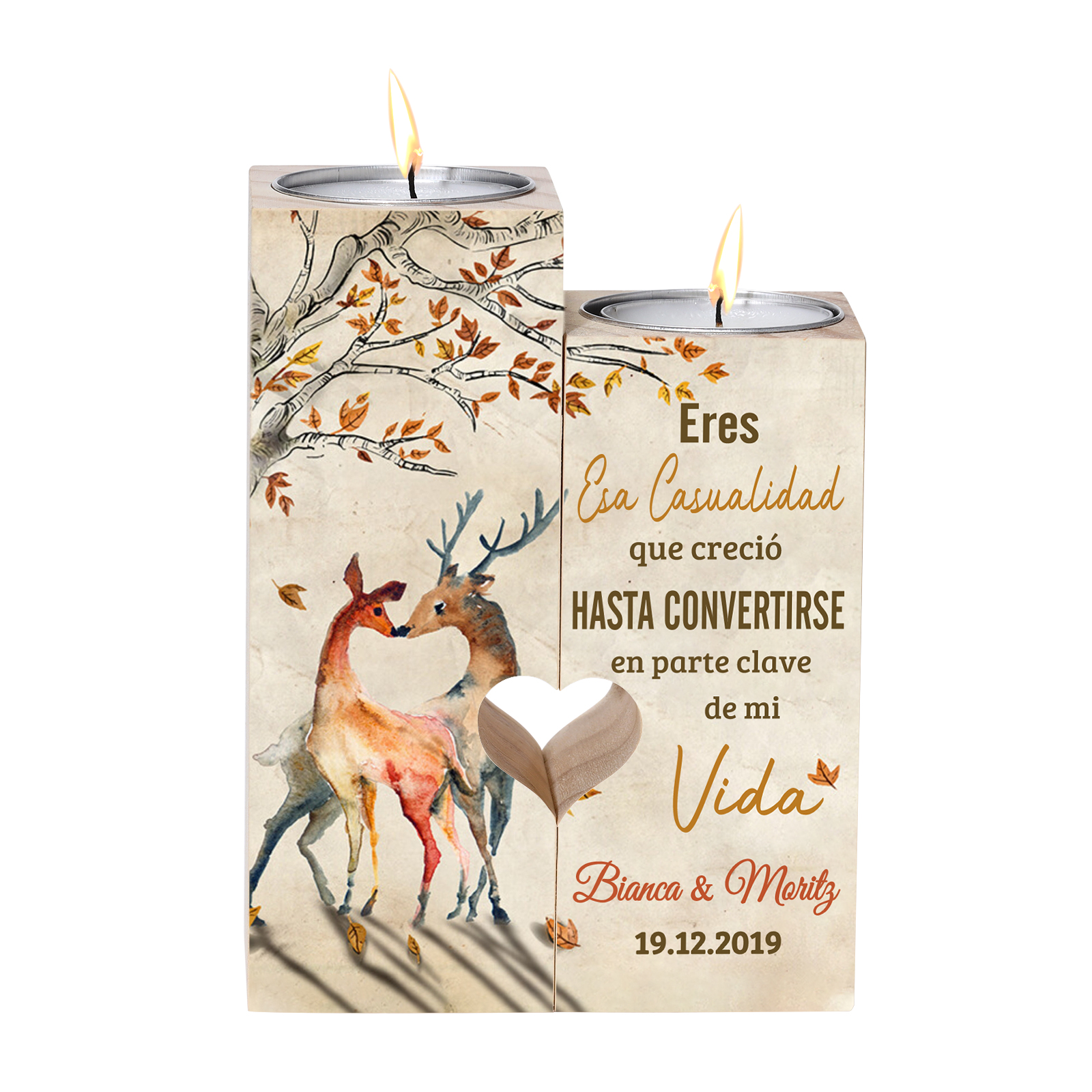 Candelero para pareja de madera de dos piezas sin candela con texto y fecha personalizados-Jessemade ES