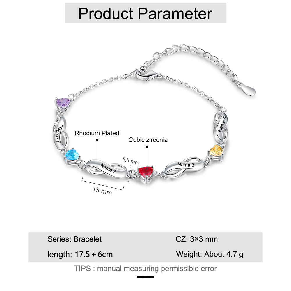 Pulsera "infinito" personalizada con 4 nombres y 4 piedras de nacimiento de corazón-Jessemade ES