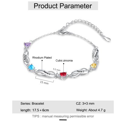 Pulsera "infinito" personalizada con 4 nombres y 4 piedras de nacimiento de corazón-Jessemade ES