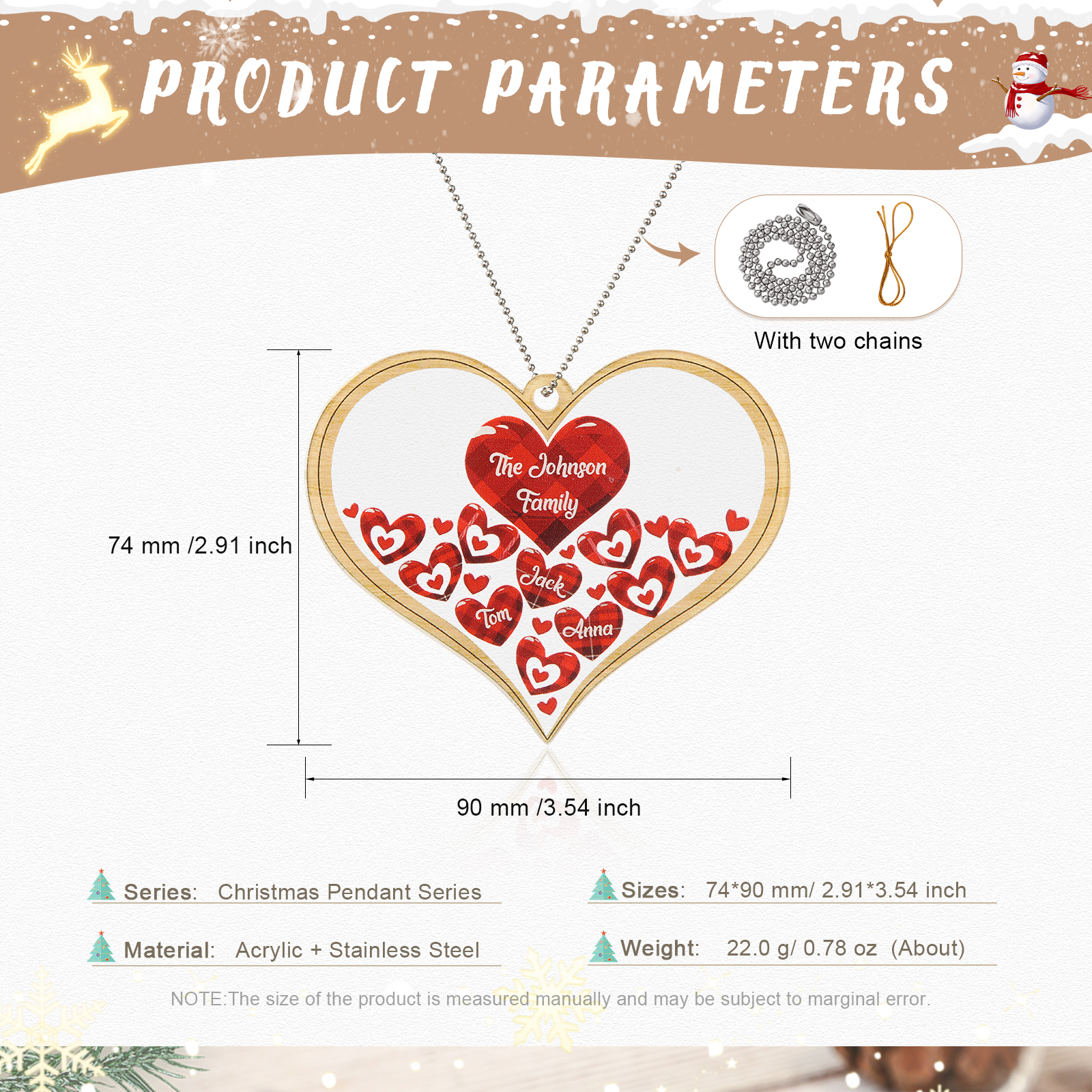Navidad-Ornamento navideño de acrílico corazones con 3 nombres y 1 texto personalizados
