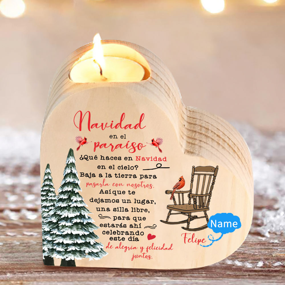 Navidad en el paraíso-Candelero de corazón en memoria de ser querido personalizado con nombre de madera sin vela-Jessemade ES