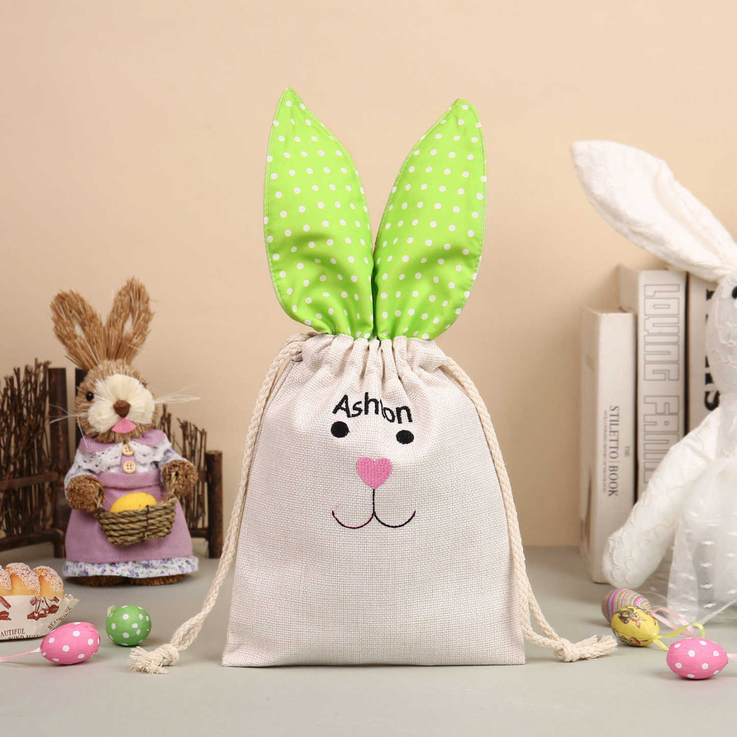 Pascua-Bolsa de conejo con 1 nombre personalizado-Jessemade ES