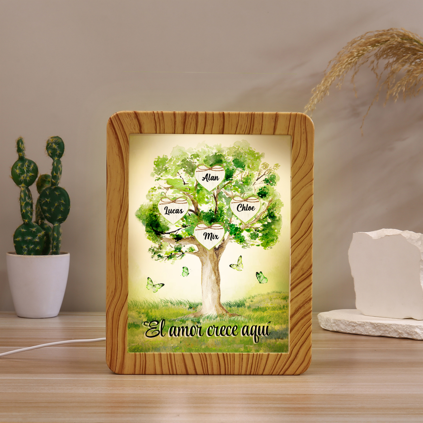 Marco/Espejo con LED Multifuncional Árbol de la Vida 2-8 Nombres Personalizados con 1 Texto-Jessemade ES