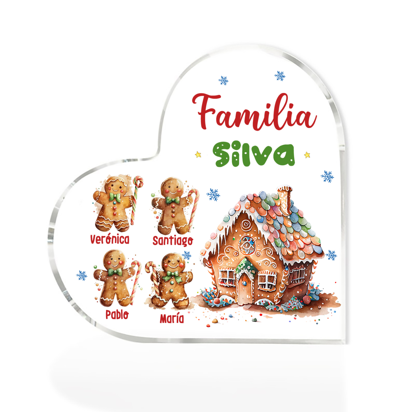 Navidad - Placa de acrílico en forma de corazón jengibres y su casa con 4 nombres y 1 texto personalizados-Jessemade ES