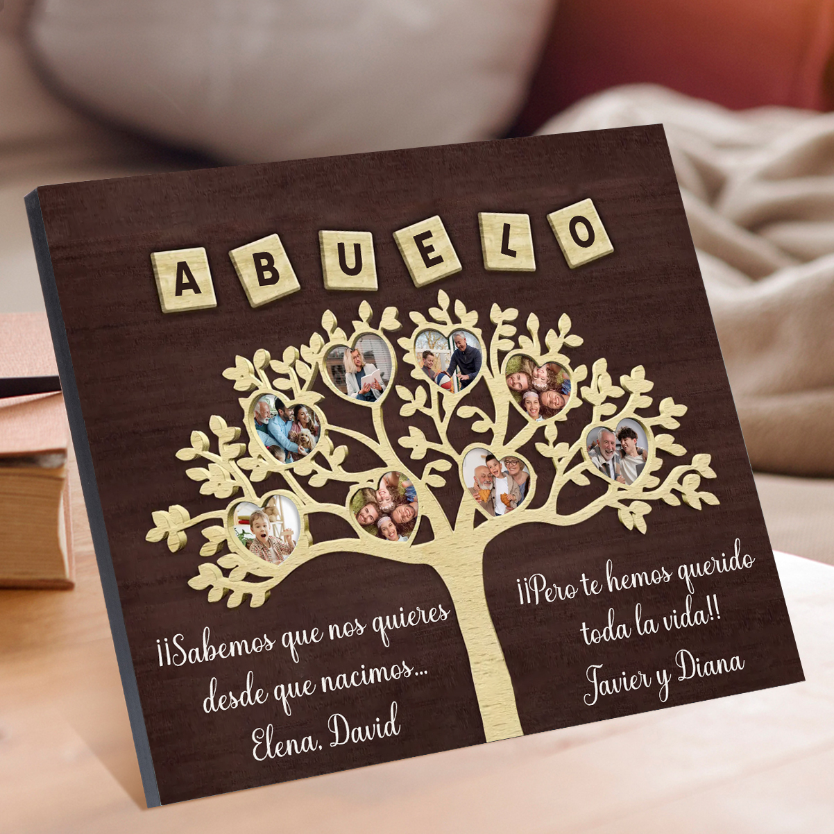 Feliz Día del Padre a mi abuelo-Lámina marco de madera 8 fotos y 2 textos personalizados con frase de amor-Jessemade ES