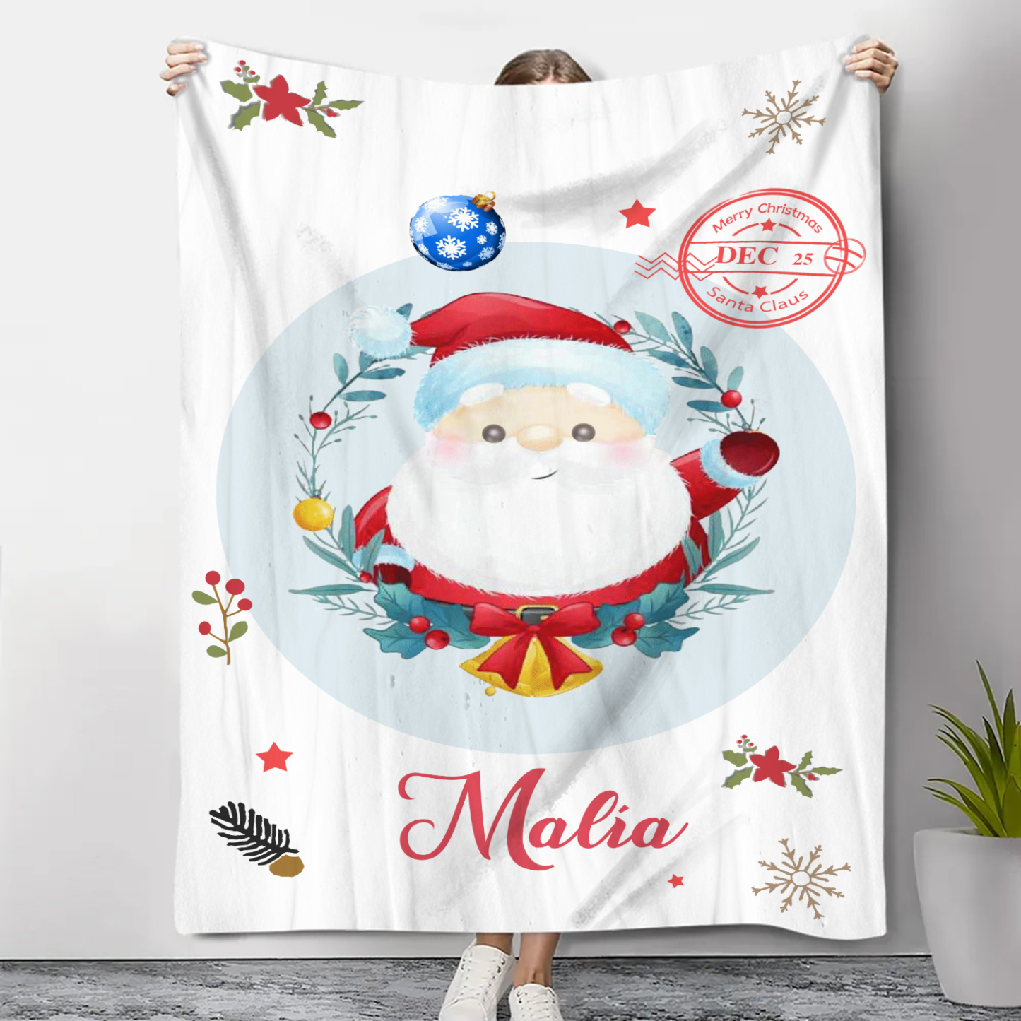 Manta de buen calidad con Papá Noel personalizada con 1 nombre-Jessemade ES