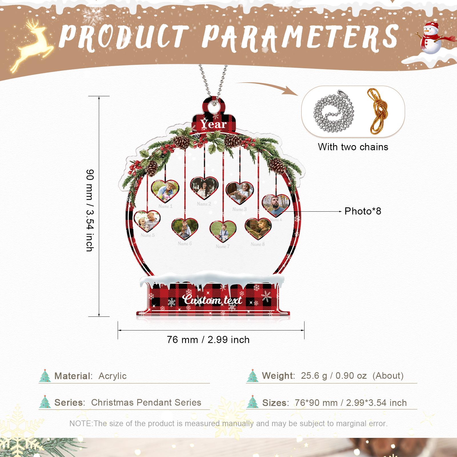 Navidad-Ornamento navideño de acrílico bola de cristal con 8 nombres, 8 fotos y 1 texto personalizados-Jessemade ES