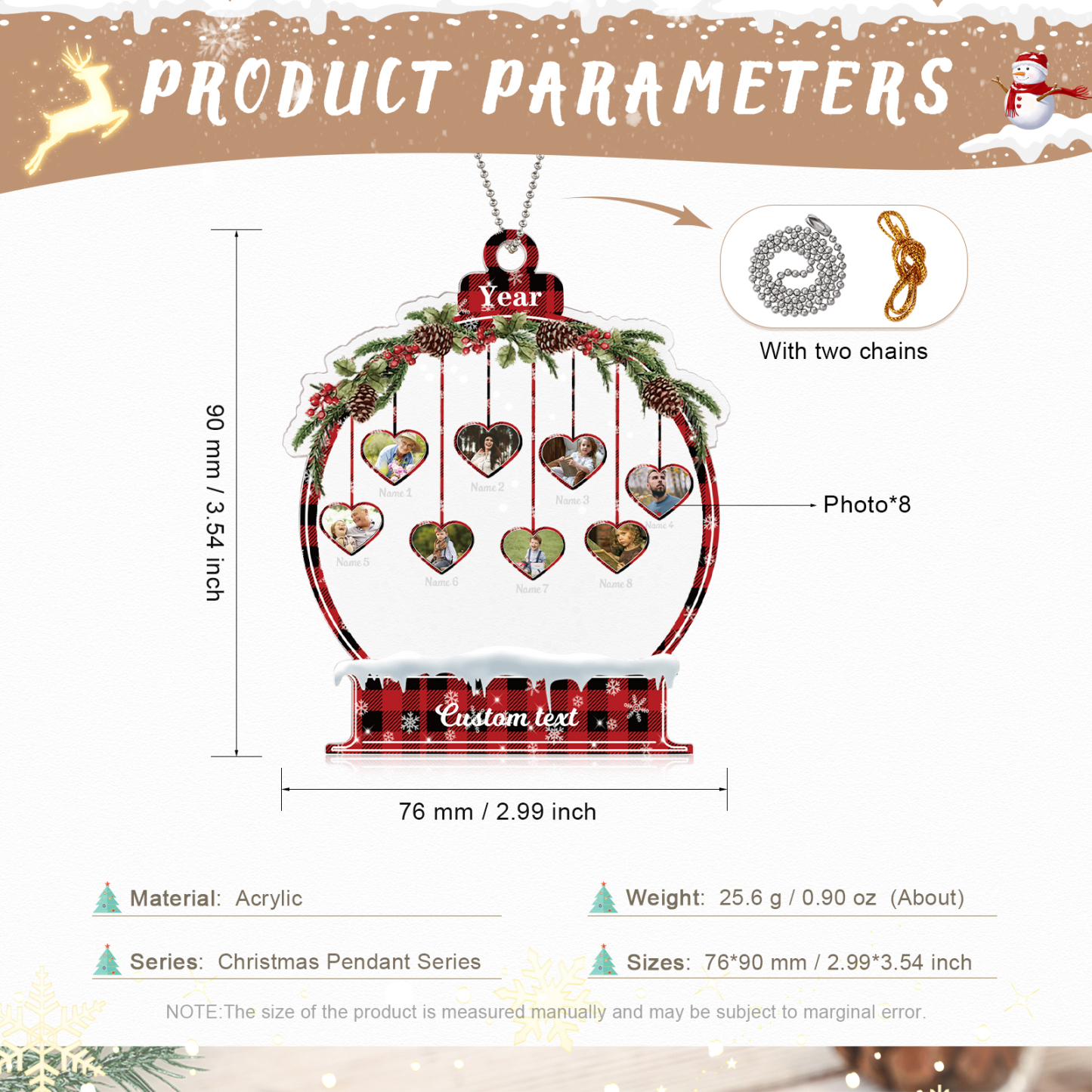 Navidad-Ornamento navideño de acrílico bola de cristal con 8 nombres, 8 fotos y 1 texto personalizados-Jessemade ES