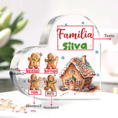 Navidad - Placa de acrílico en forma de corazón jengibres y su casa con 4 nombres y 1 texto personalizados-Jessemade ES
