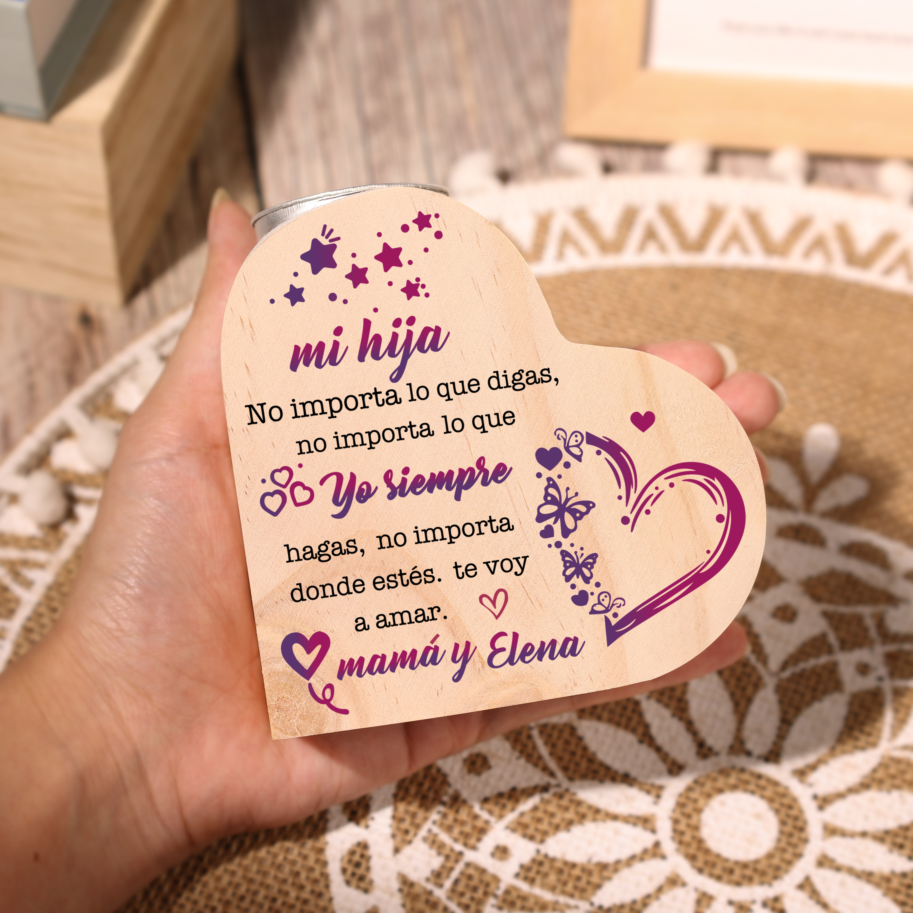 Candelero de corazón para hija de madera de corazón sin candela personalizado con nombres-Jessemade ES