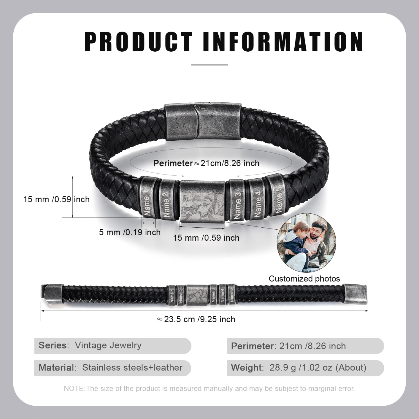 Pulsera 2-5 Nombres en Aros y Foto en Placa Personalizados de Cuero Trenzado