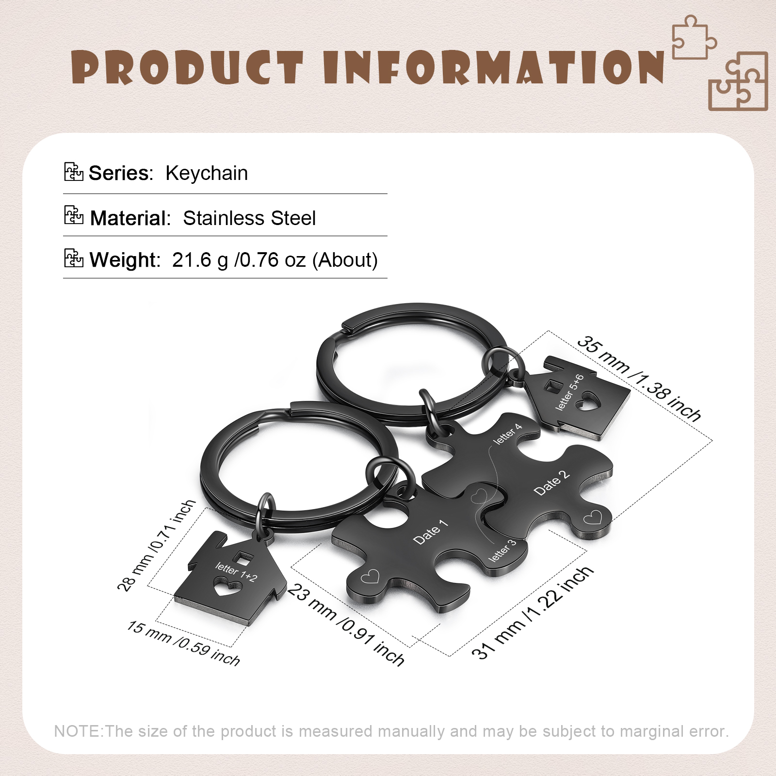 Llavero para pareja rompecabezas 2 letras personalizadas con fecha dije de casa-Jessemade ES