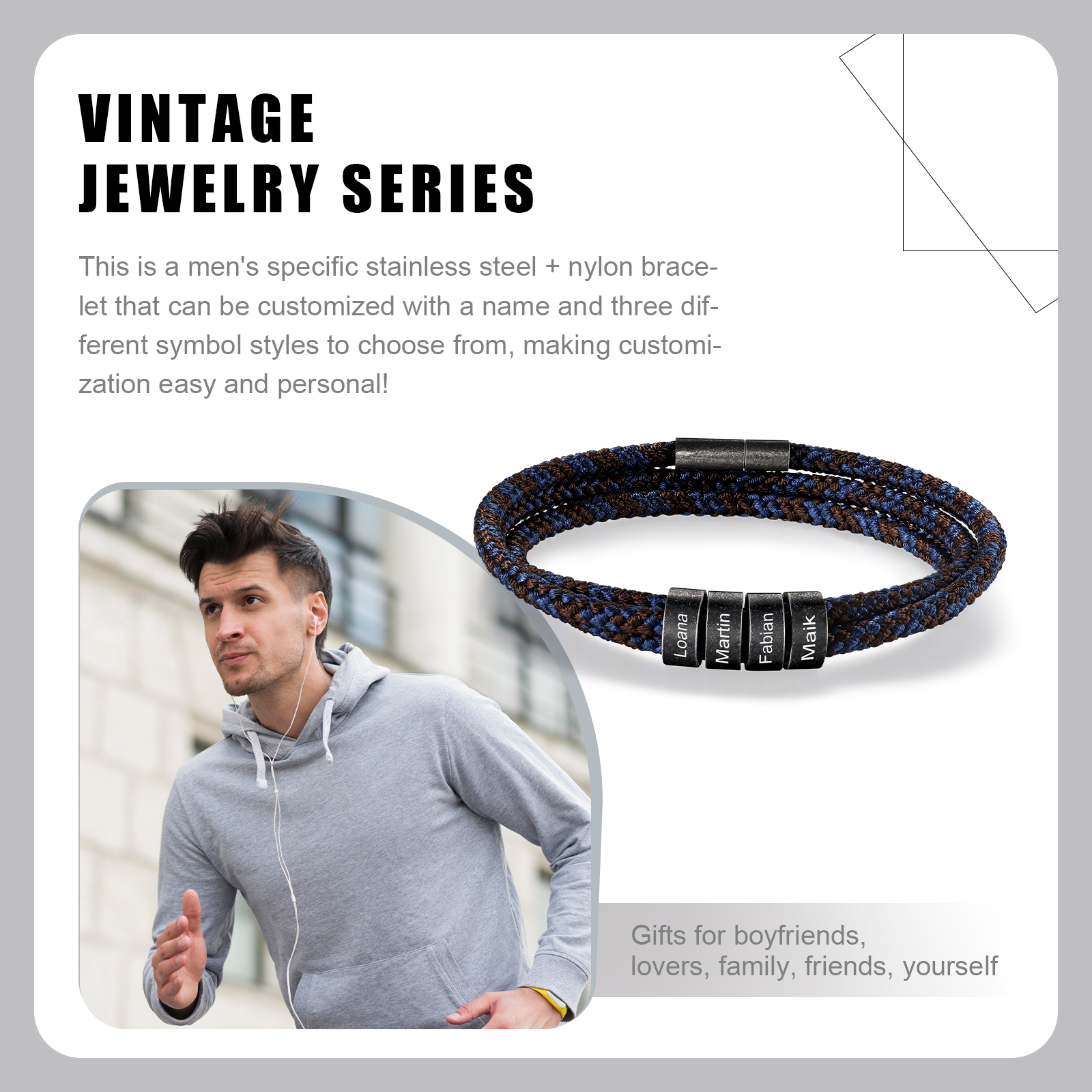 Pulsera de triple cuerda azul y marrón con 4 aros 4 nombres personalizados pulsera de hombre -Jessemade ES