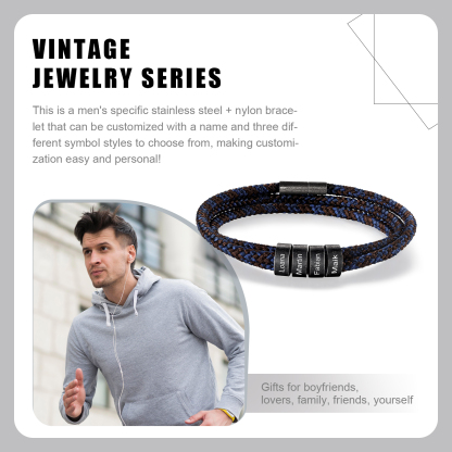 Pulsera de triple cuerda azul y marrón con 4 aros 4 nombres personalizados pulsera de hombre -Jessemade ES