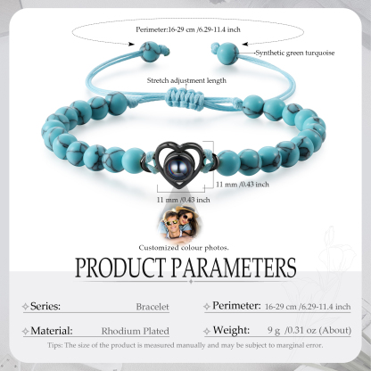 Pulsera de turquesa verde sintética con proyección de foto en color con dije de corazón pulsera ajustable-Jessemade ES