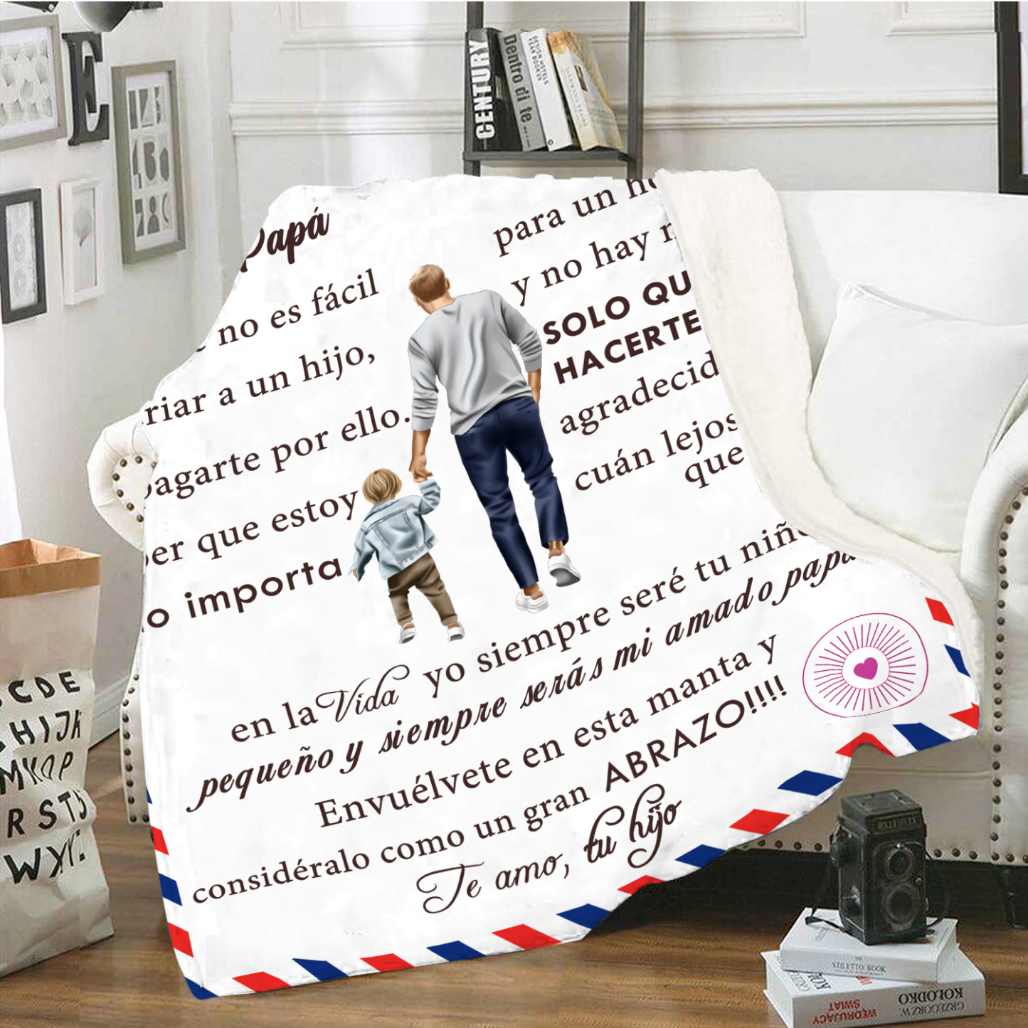 A mi padre de hijo-Manta de buen calidad con siluetas y personalizada con 1 nombre-Jessemade ES