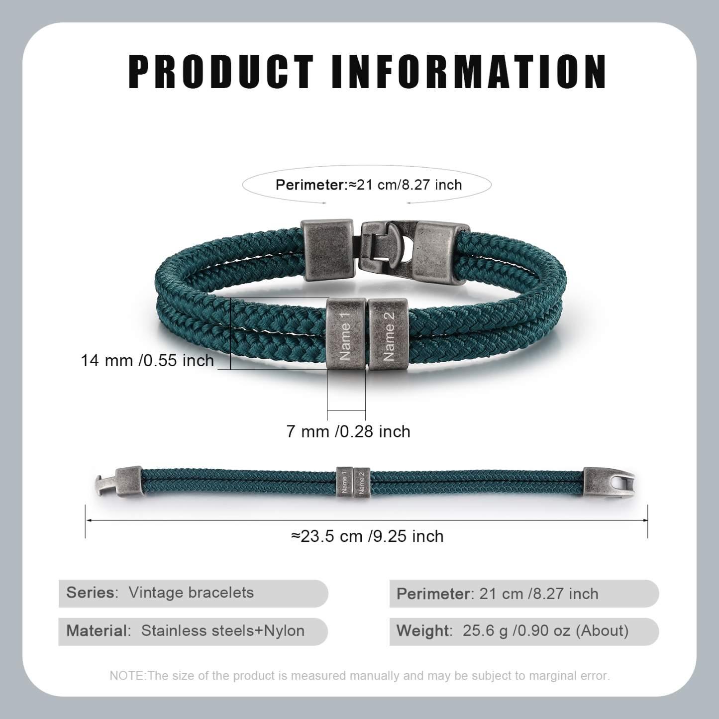 2-4 Nombres Personalizados Pulsera de Cuerda Verde Aros de Acero Inoxidable-Jessemade ES