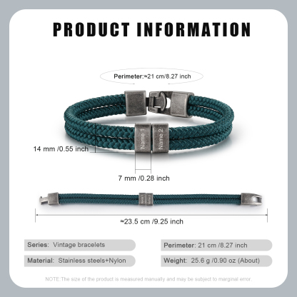 2-4 Nombres Personalizados Pulsera de Cuerda Verde Aros de Acero Inoxidable-Jessemade ES