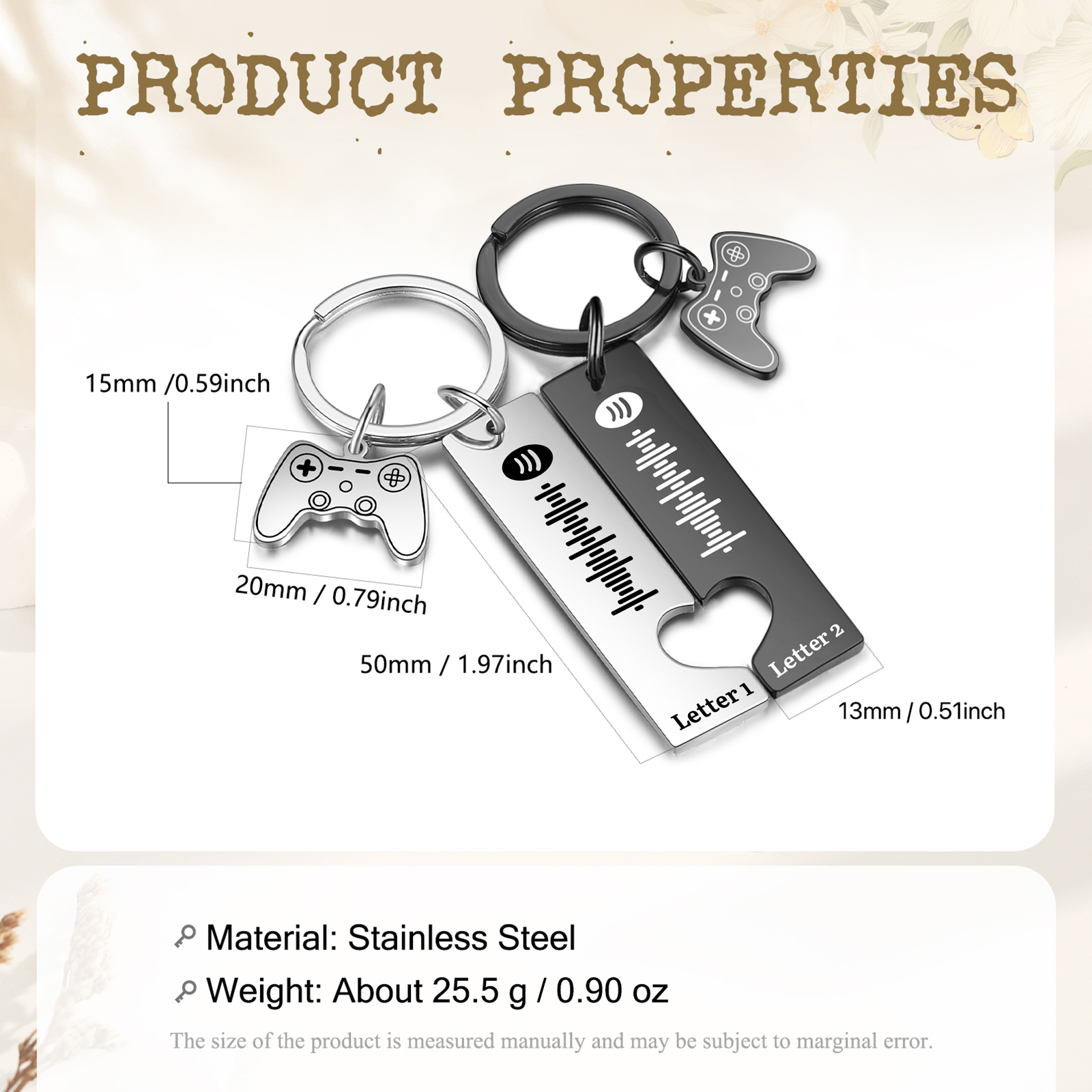 Llavero para pareja 2 letras personalizadas con código de Spotify dije de mando