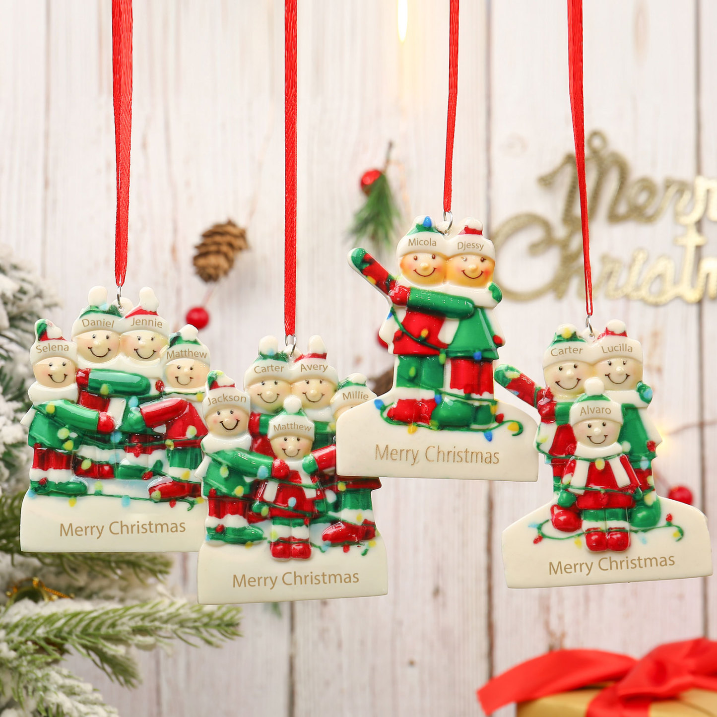 Navidad-Ornamento muñecos navideño de resina 1 texto y 2 nombres personalizados adorno del árbol