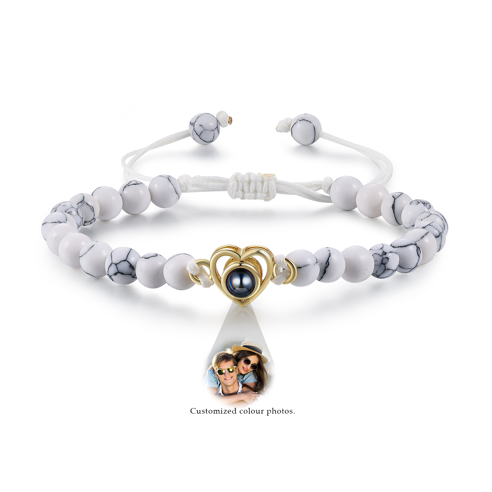 Pulsera de turquesa blanca sintética con proyección de foto en color con dije de corazón pulsera ajustable-Jessemade ES